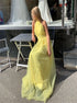 A Line Halter Yellow Tulle Prom Dress with Pleats LBQ4125